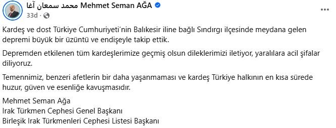 Irak Türkmen Cephesi’nden Türkiye’ye geçmiş olsun mesajı