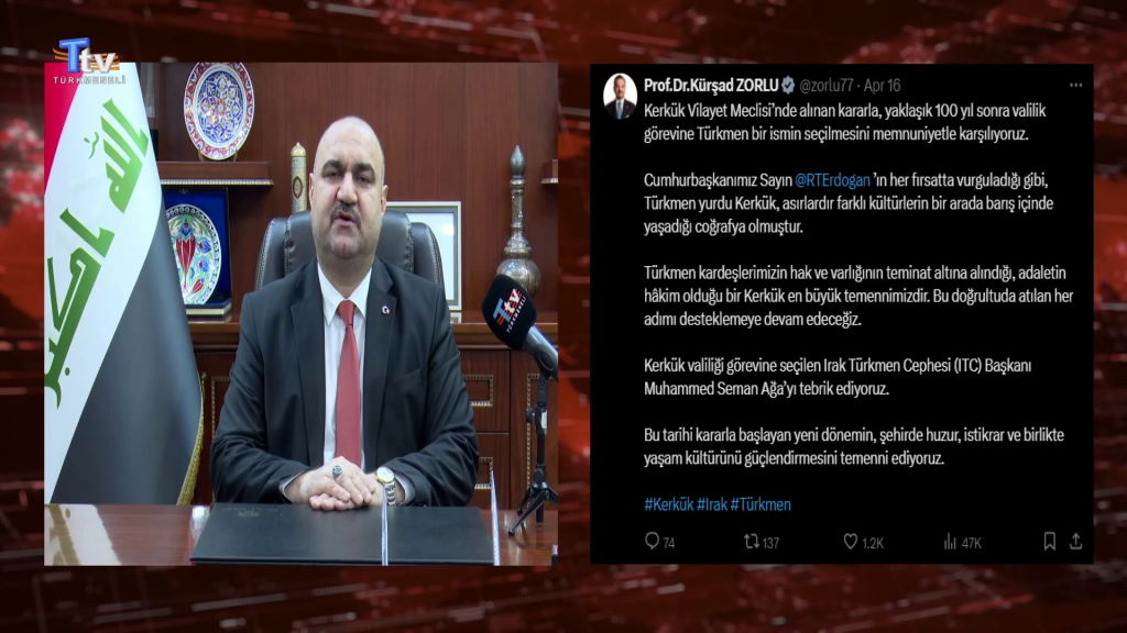 AK Parti Genel Başkan Yardımcısı Kürşad Zorlu, Kerkük Valiliği’ne seçilen Mehmet Seman Ağa’yı tebrik etti.