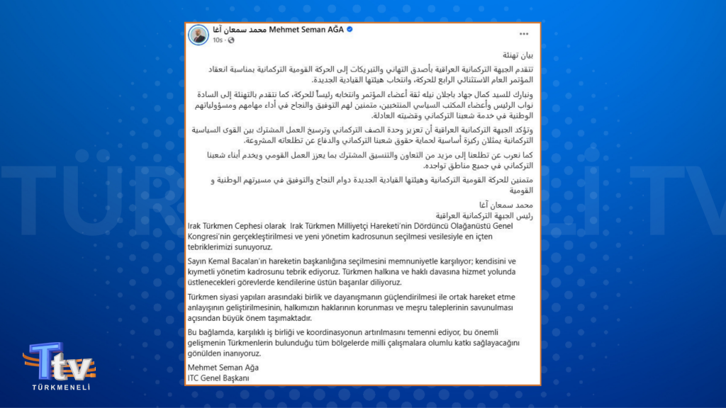 Irak Türkmen Cephesi’nden Türkmen Milliyetçi Hareketi’nin yeni yönetimine tebrik mesajı
